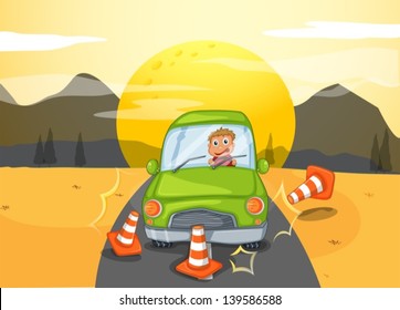 Illustration of a green car bumping the traffic cones