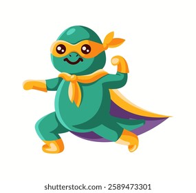 Illustration of a green cartoon dinosaur wearing a yellow superhero costume with a cape and mask, happily posing with an enthusiastic expression on a white background.