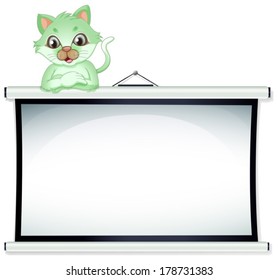 Illustration of a green cat above the whiteboard on a white background
