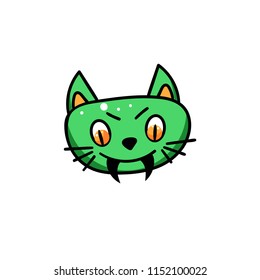 Illustration with a green cat head with fangs as a Halloween symbol. Vector illustration.