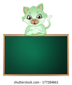 Illustration of a green cat leaning above the blackboard on a white background