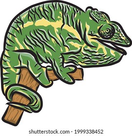 illustration of green chameleon climbing a tree branch format vector