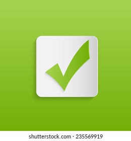 Illustration of a green check mark design against a colorful green background.