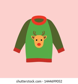 illustration of a green Christmas sweater with deer on the pink background