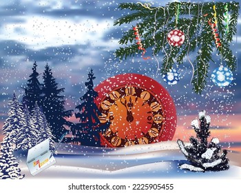 illustration with green Christmas tree branch in snow forest