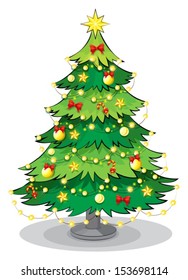 Illustration of a green christmas tree with sparkling lights on a white background