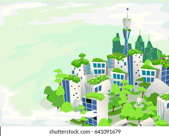 Illustration of a Green City Surrounded by Lush Green Plants and Trees