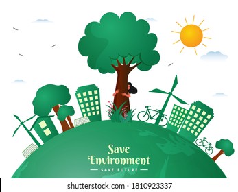 Illustration of Green City View with Earth Globe and Sunshine on White Background for Save Environment & Save Future Concept.