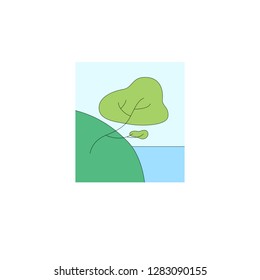 Illustration of green cliff with tree and ocean