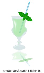 illustration with green cocktail in glass and mint leaves