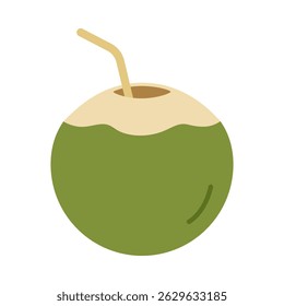 Illustration of a green coconut with a beige top and a straw, representing a fresh tropical drink. Vector illustration