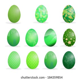 Illustration of green colored easter eggs on a white background