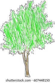 ilustración con esbozo de árbol de color verde aislado en fondo blanco