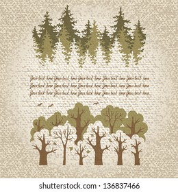 Illustration of green coniferous and deciduous  forest with a place for your text. Vector Illustration.