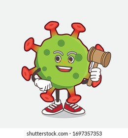 An illustration of Green Corona Virus cartoon mascot character as wise judge with hammer