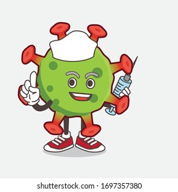 An illustration of Green Corona Virus cartoon mascot character as nurse with medical syringe