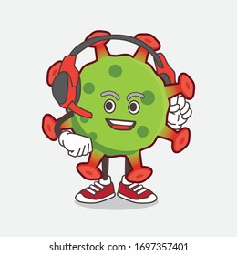 An illustration of Green Corona Virus cartoon mascot character speaking on a headphone