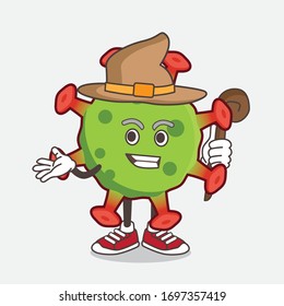 An illustration of Green Corona Virus cartoon mascot character as a witch wearing hat and staff