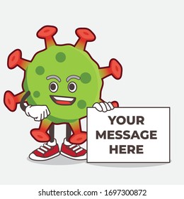 An illustration of Green Coronavirus cartoon mascot character holding a board sign message