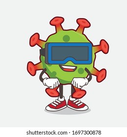 An illustration of Green Coronavirus cartoon mascot character with Virtual reality headset