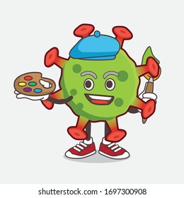 An illustration of Green Coronavirus cartoon mascot character painter style with art brush