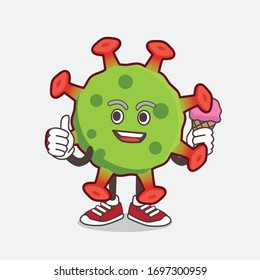 An illustration of Green Coronavirus cartoon mascot character eating an ice cream