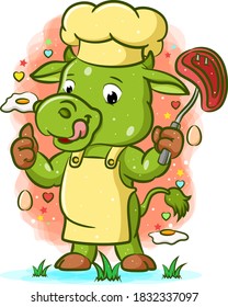 The illustration of the green cow with the yummy meat in his hand
