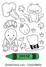 Illustration of a Green Crayon with Green Colored Elements in a Coloring Page