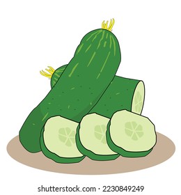 Illustration green cucumber with some cucumber slices visible in front of it