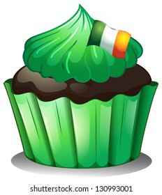 Illustration of a green cupcake with the flag of Ireland on a white background