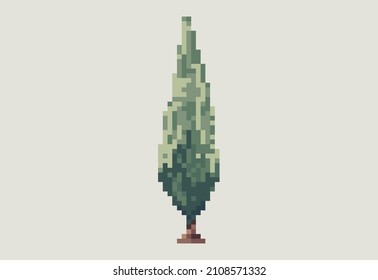 Illustration of a green cypress tree in pixel art style