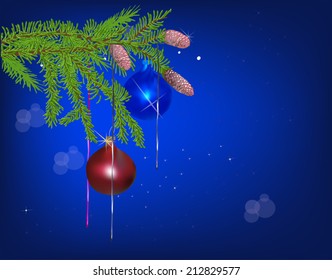 illustration with green decorated fir branch on blue background