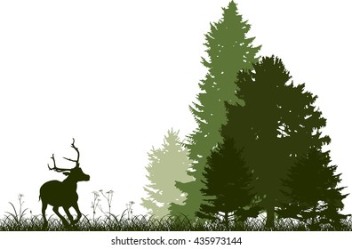 illustration with green deer running to forest isolated on white background