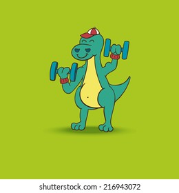 Illustration of green dinosaur with dumbbells