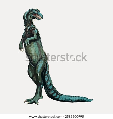 Illustration of a green dinosaur standing upright. The dinosaur has a long tail and sharp teeth. Dinosaur art with detailed scales and fierce expression. Vintage animal illustration vector.