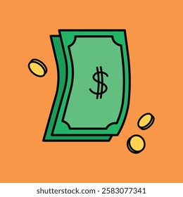 Illustration of green dollar bills and coins on an orange background. Money, currency, and finance theme with dollar bills and coins. Simple, bold design. Funky vector illustration.