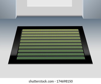Illustration of a green doormat in front of a closed door.