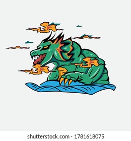 illustration of a green dragon coming out of the sea