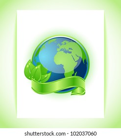 Illustration of green earth with leaves wrapped ribbon isolated - vector