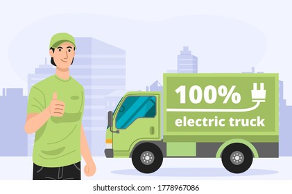 Illustration Of Green Electric Truck With A Delivery Man. Vector