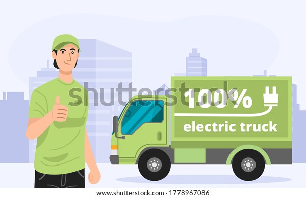 Illustration of green electric truck with a\
delivery man.\
Vector