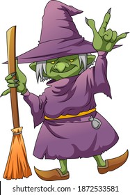 The illustration of the green elf witch with the long nail and using the magic broom with the purple costume