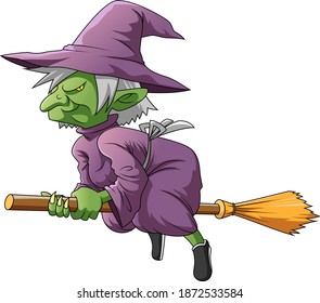 The illustration of the green elf witch with the purple costume and using the magic broom for flying