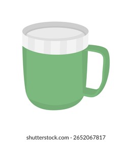 Ilustração de uma caneca de acampamento de esmalte verde com tampa para atividades ao ar livre, equipamentos de caminhada ou Cookware de acampamento