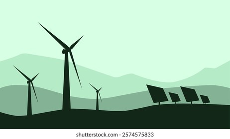 Illustration of green energy with wind turbine and solar panel. Vector illustration of renewable energy from wind and sunlight. Clean energy landscape to reduce pollution and keep the environment