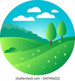 Illustration of green field landscape vector in the ciecle shape.