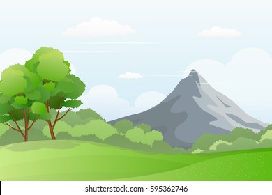 Illustration of Green Field and Mountain with Tree, Shrubs and Cloudy Sky.