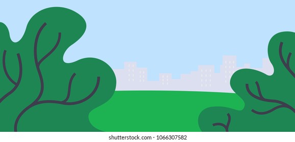 Illustration of green field with trees and cityscape