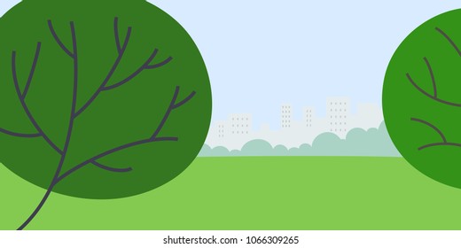 Illustration of green field with trees and houses