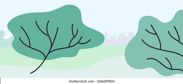 Illustration of green field with trees and houses